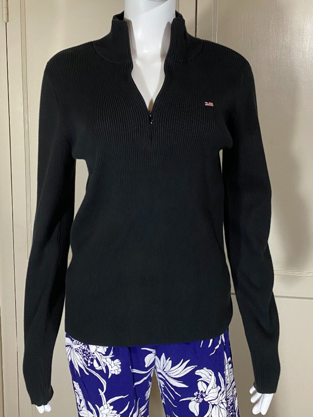 VTG RALPH LAUREN Polo Jeans Sweater Black Ribbed Red Stripe Mock Neck 1/4 Zip XL